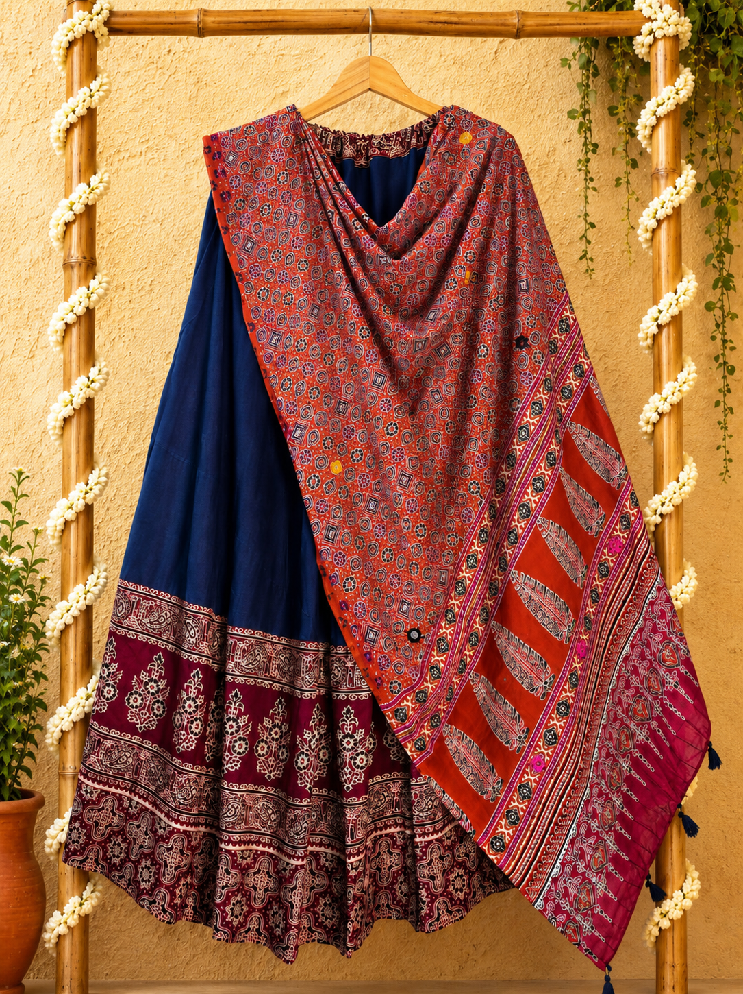 ⚜ Dharohar ~ Navy Blue & Brick Red Ajrakh Lehenga & Dupatta Set