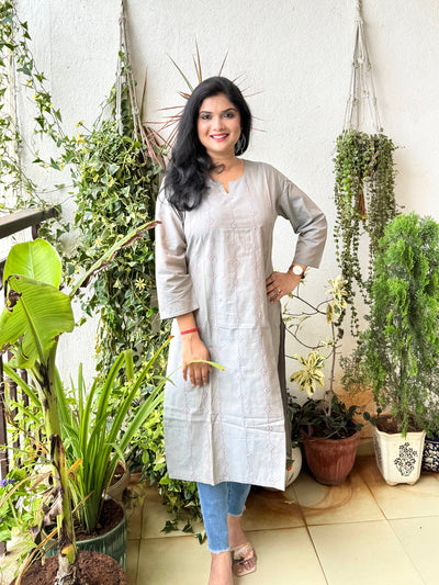 Masakali ~ Cotton Embroidered Kurti, Cool Grey 🩶