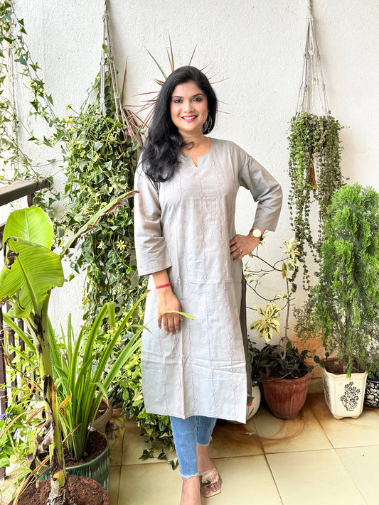 Masakali ~ Cotton Embroidered Kurti, Cool Grey 🩶