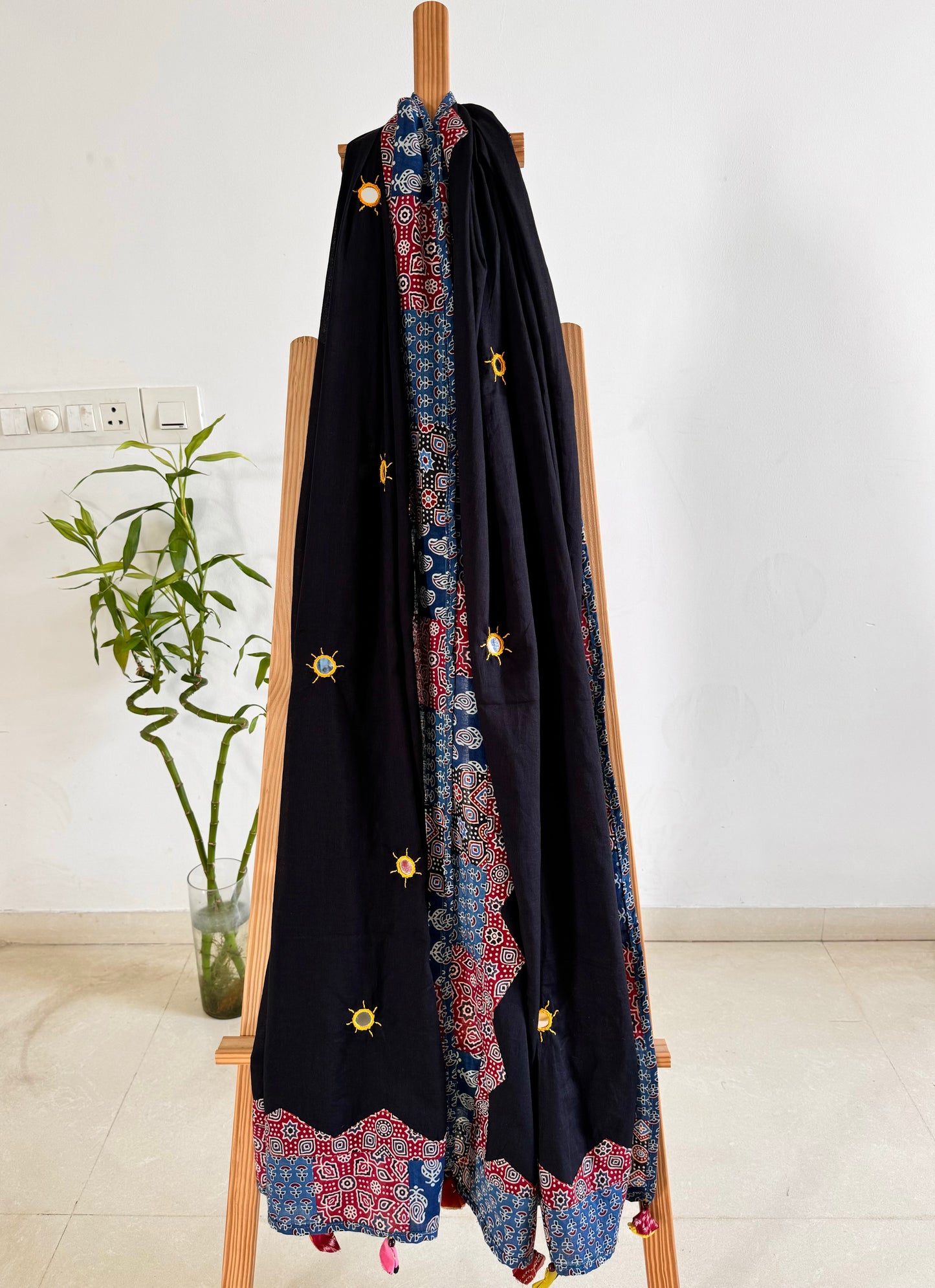 Ajrakh Applique & Kantha Embroidered Dupatta ~ Raven Black & Red