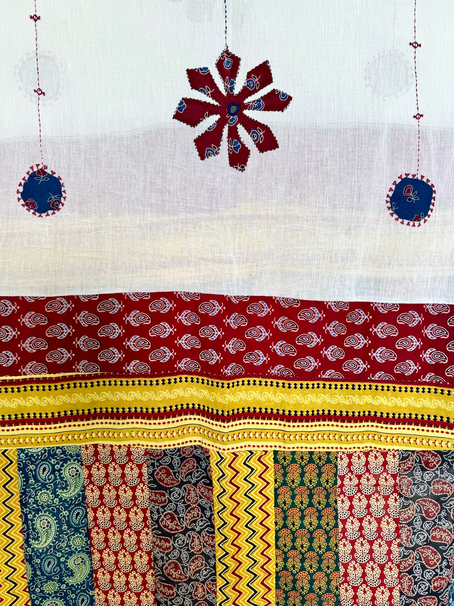 Ajrakh Applique & Kantha Embroidered Dupatta ~ White, Blue & Yellow