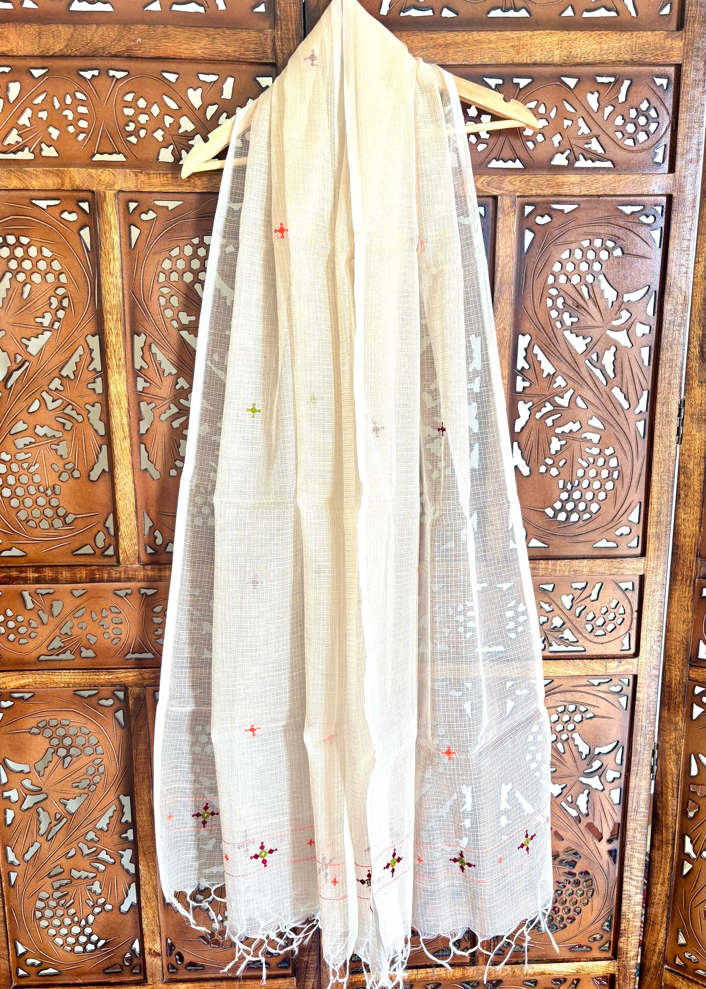 Kota Doria Hand Embroidered Dupatta ~ Beige w/ maroon stars