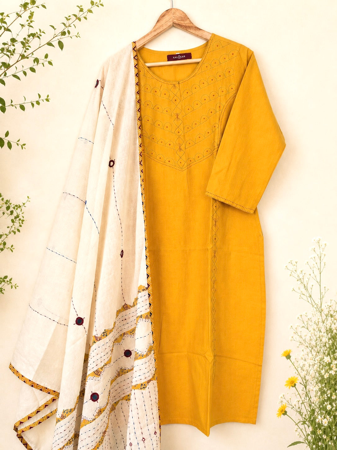 Masakali ~ Yellow Ochre Cotton Embroidered Kurti & Dupatta Set
