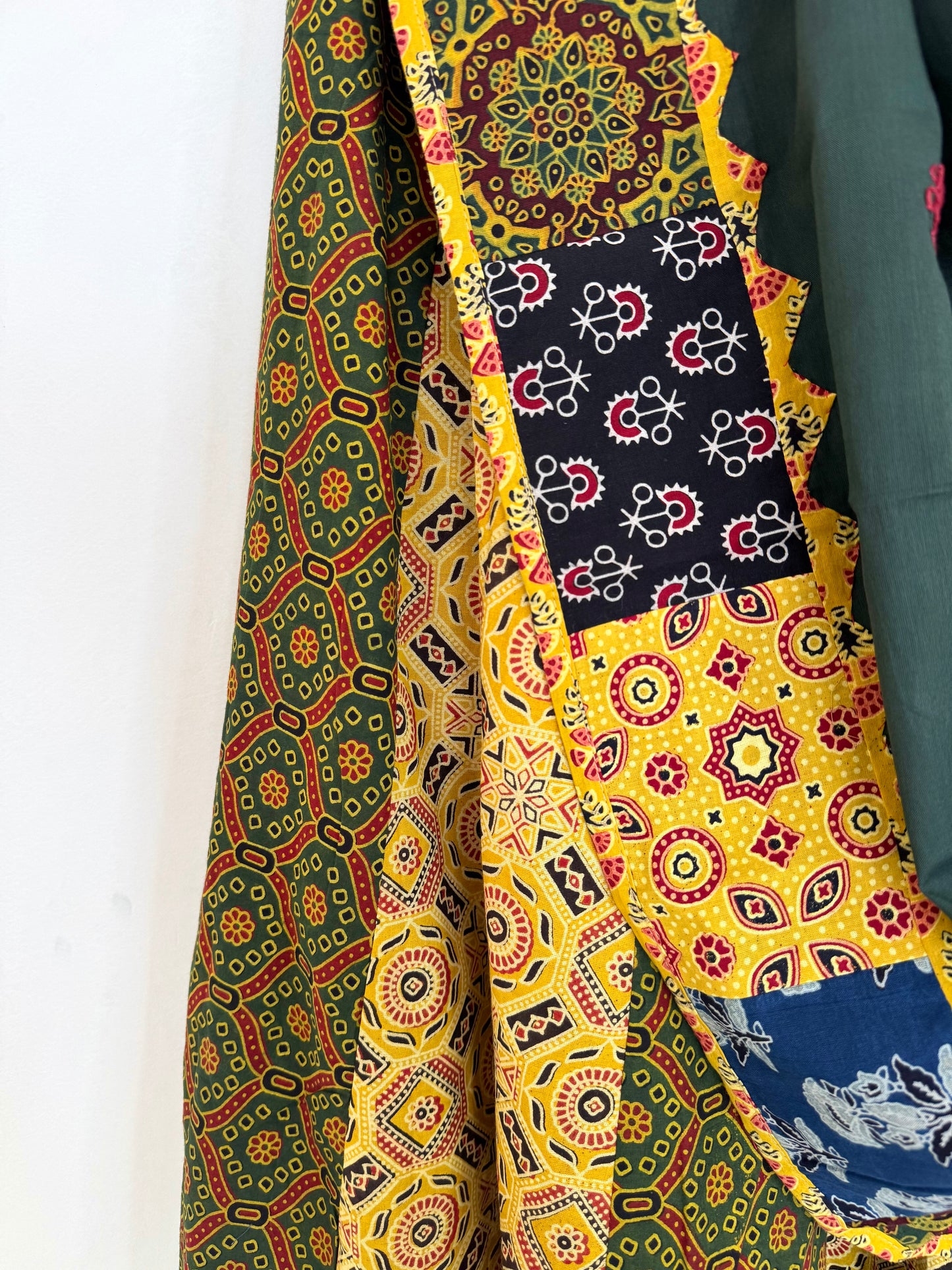 ✨Garba nu Ghoomie ~ Ajrakh Lehenga and Dupatta Set ~ Yellow Strips w/ Olive Green Dupatta