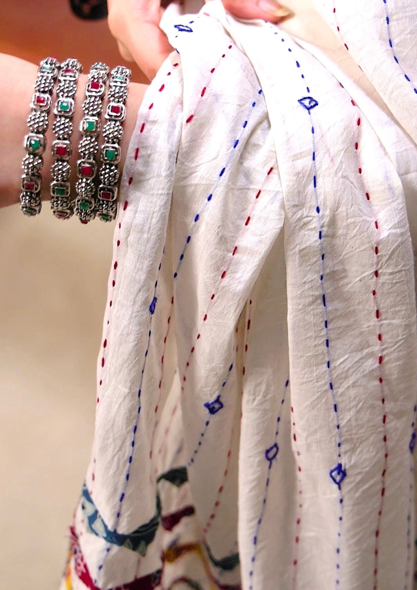 Ajrakh Applique & Kantha Embroidered Dupatta ~ White with Multicolor Patchwork