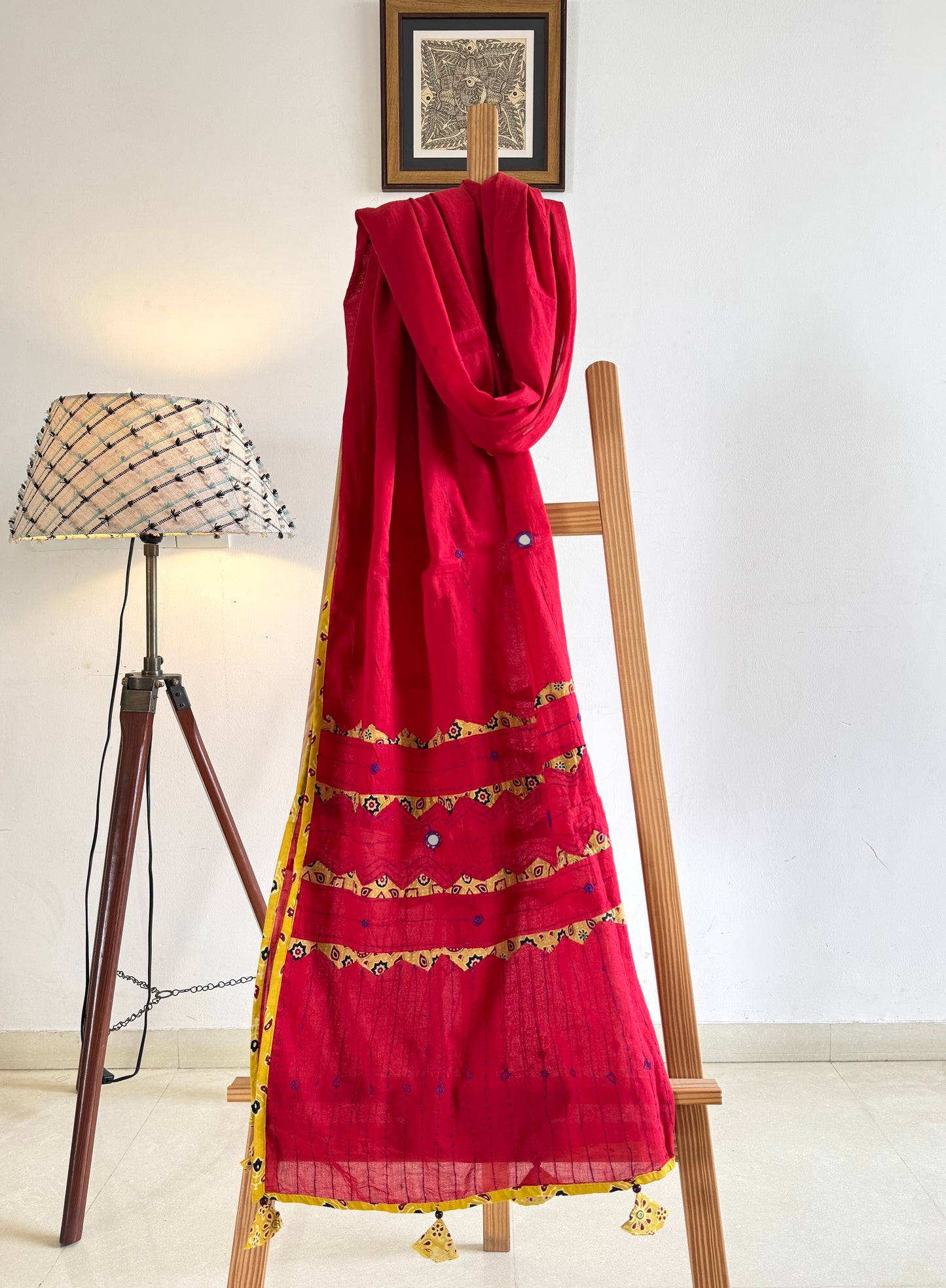 Ajrakh Applique & Kantha Embroidered Dupatta ~ Cherry Red w/ Yellow Work