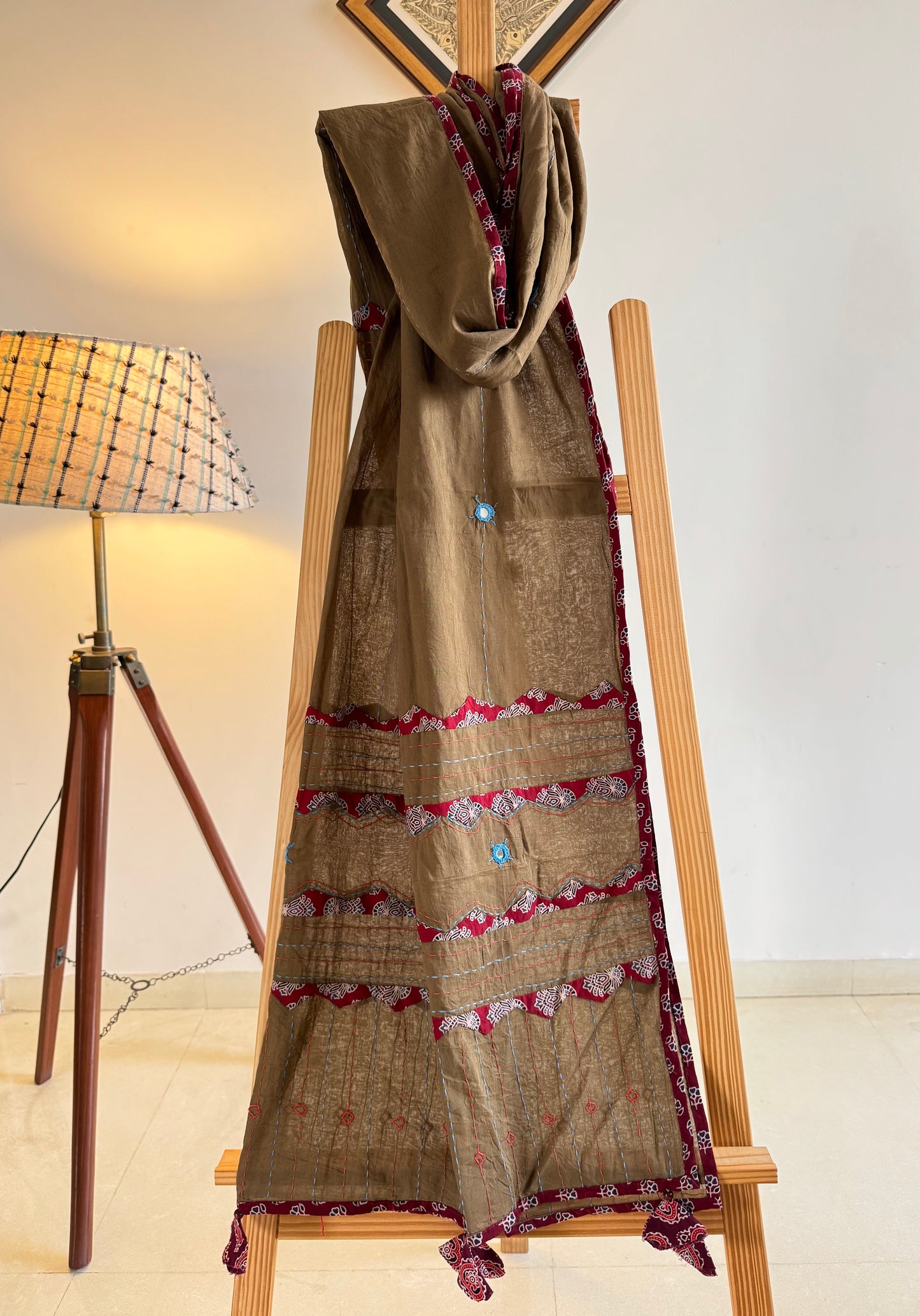 Ajrakh Applique & Kantha Embroidered Dupatta ~ Coco with Red Patchwork