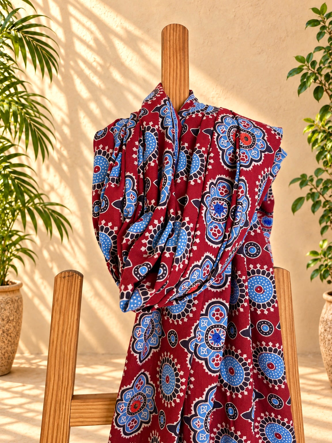Rangrez🔅Ajrakh Mulmul Cotton Dupattas with Embroidery ~ Wine Red w/ metallic blue