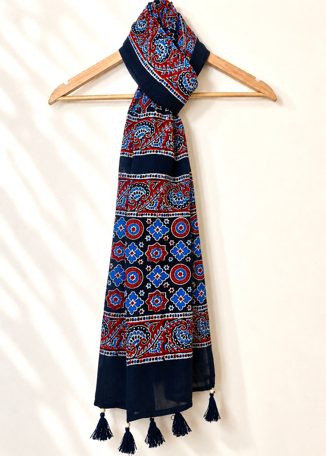 Raahi🌻Ajrakh Cotton Stoles ~ black and blue w/ circle motifs