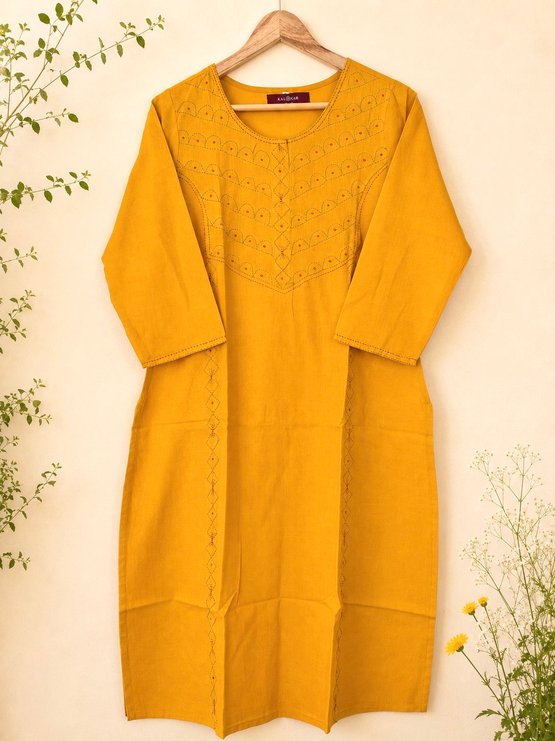 Masakali ~ Yellow Ochre Cotton Embroidered Kurti & Dupatta Set