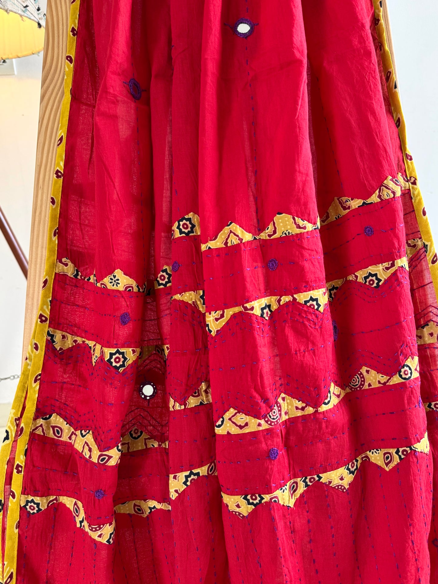 Ajrakh Applique & Kantha Embroidered Dupatta ~ Cherry Red w/ Yellow Work