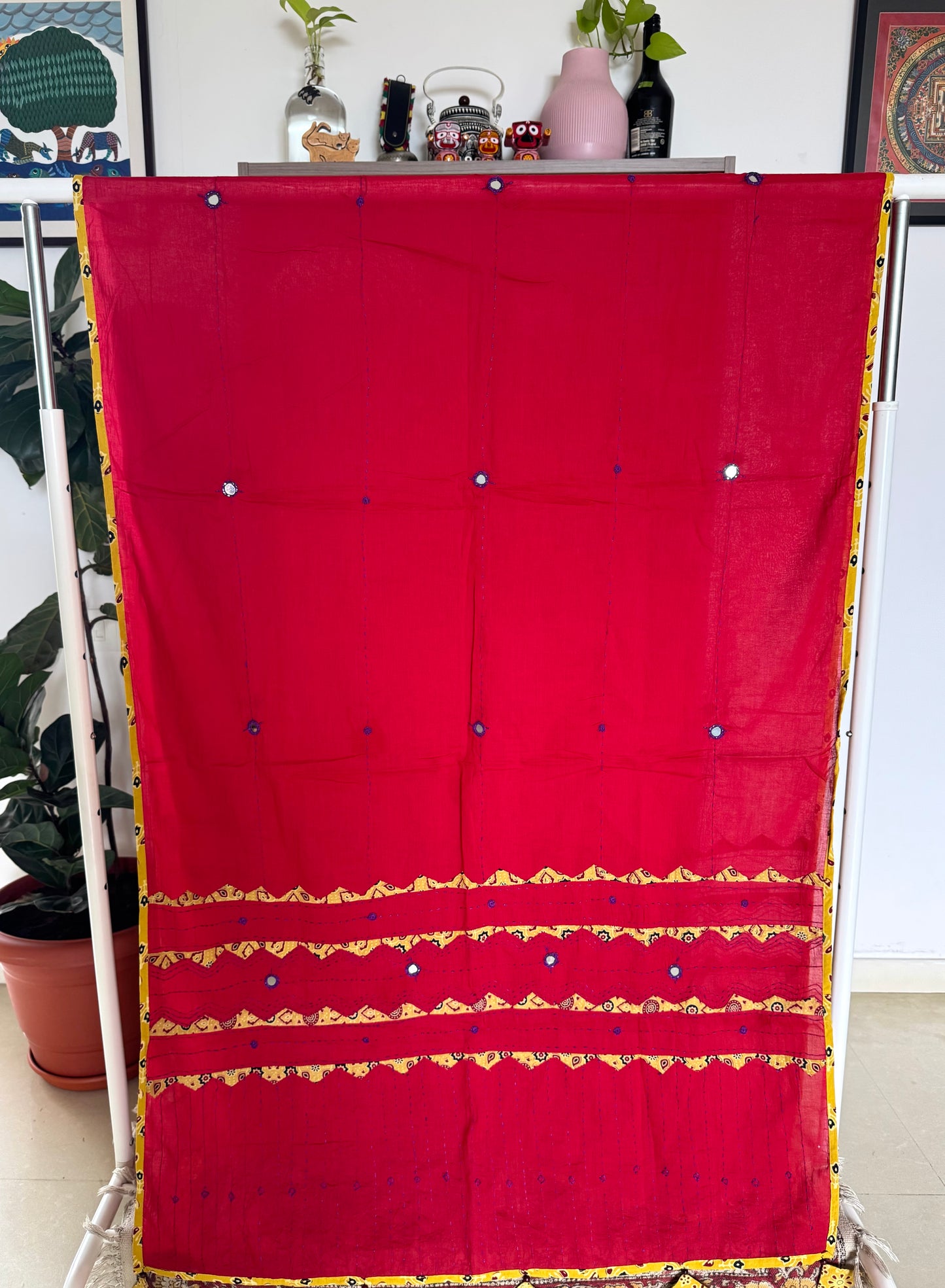 Ajrakh Applique & Kantha Embroidered Dupatta ~ Cherry Red w/ Yellow Work