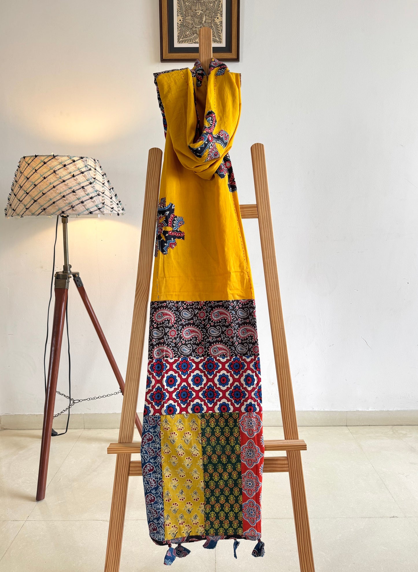 𓂃ོ⋆☀︎𓂃ᨒོ Ajrakh, Applique & Kantha Embroidered Dupatta ~ Yellow w/ Black flowers 𑁍ࠬ