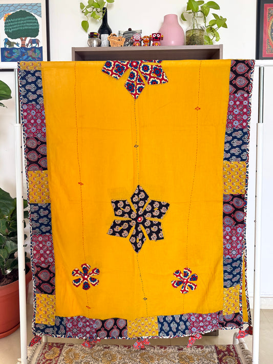 𓂃ོ⋆☀︎𓂃ᨒོ Ajrakh, Applique & Kantha Embroidered Dupatta ~ Amber Yellow 𑁍ࠬ