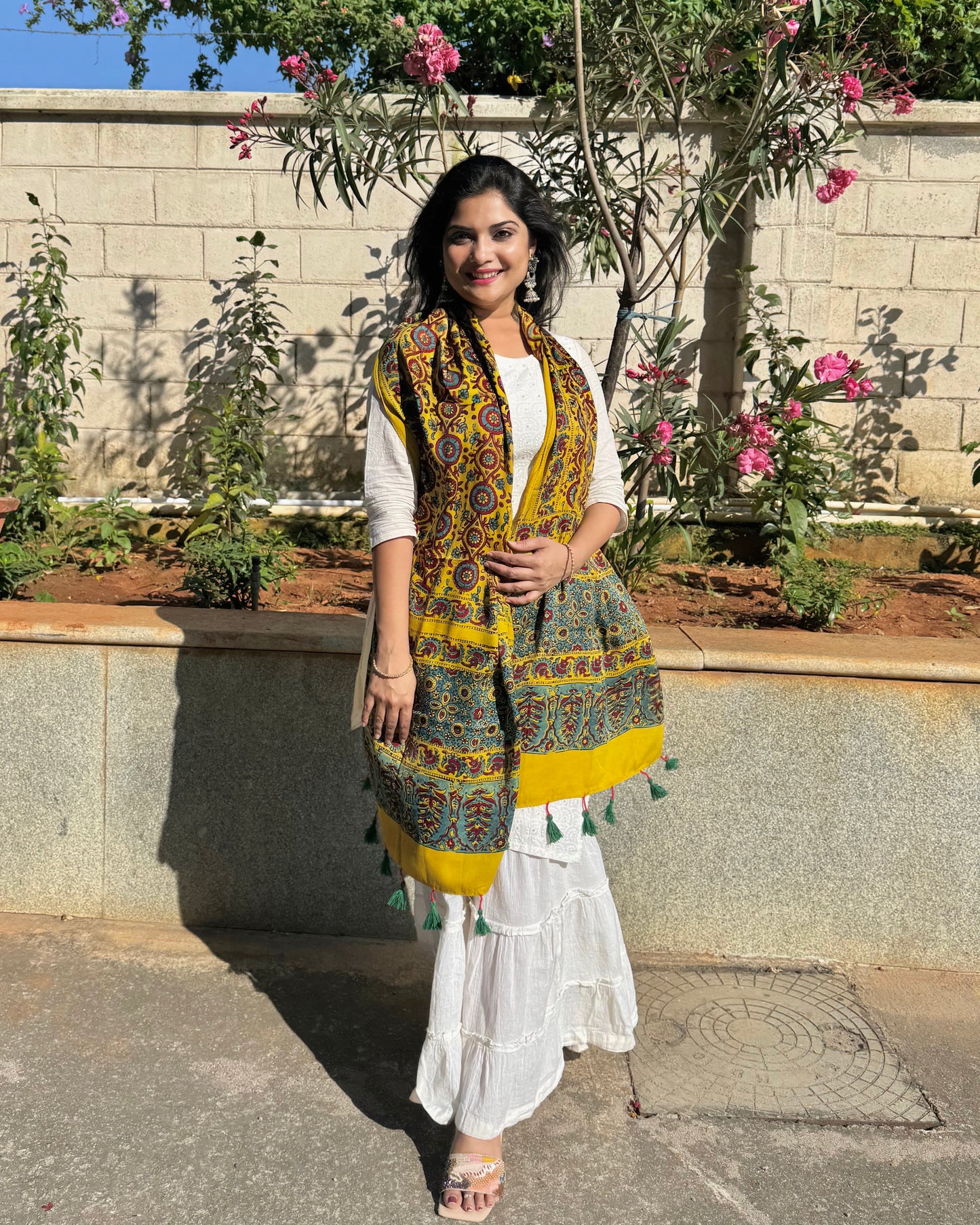 Rangrez🔅Modal Silk Ajrakh Stoles ~ Yellow with Circular Motifs