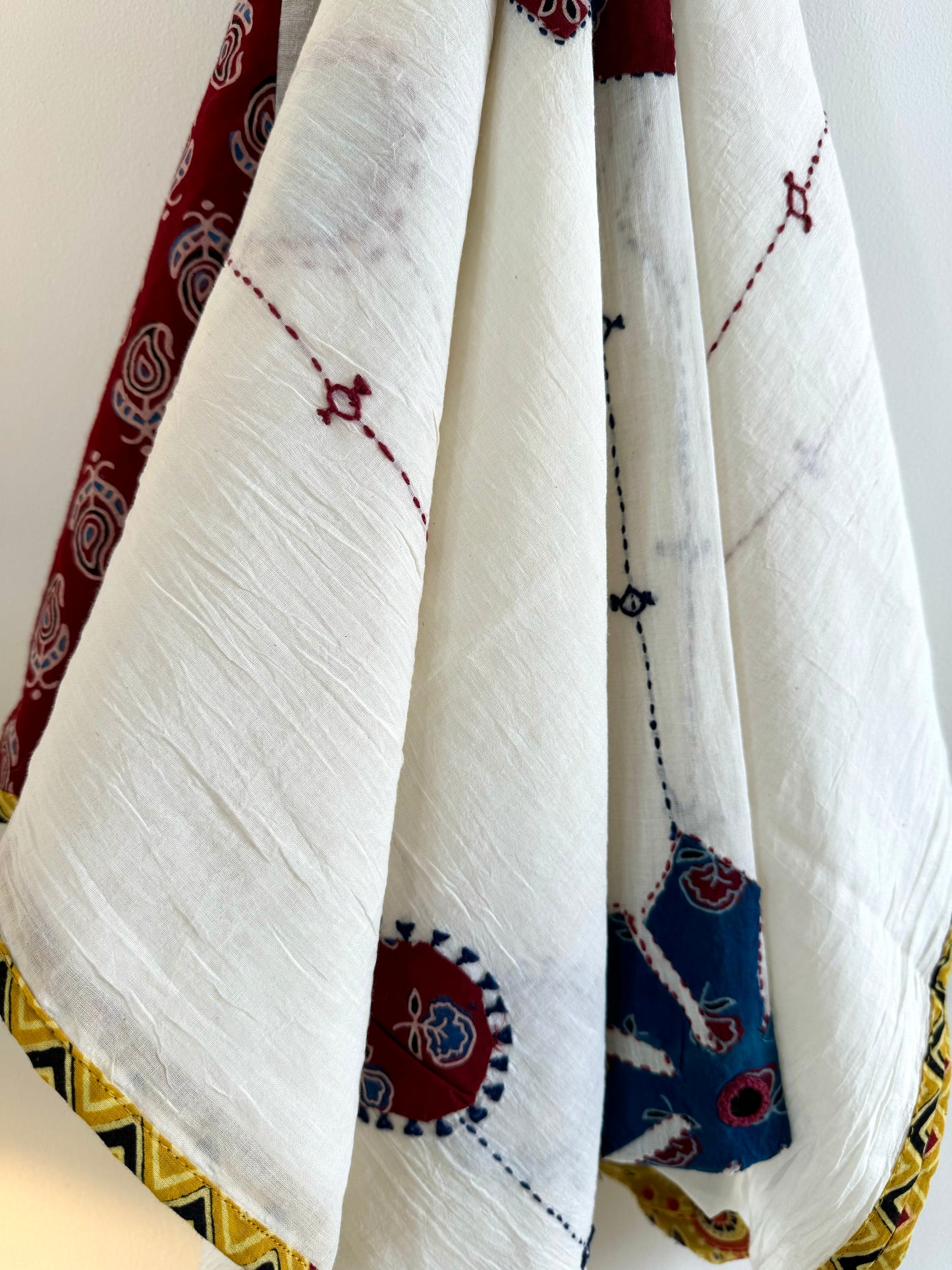 Ajrakh Applique & Kantha Embroidered Dupatta ~ White, Blue & Yellow