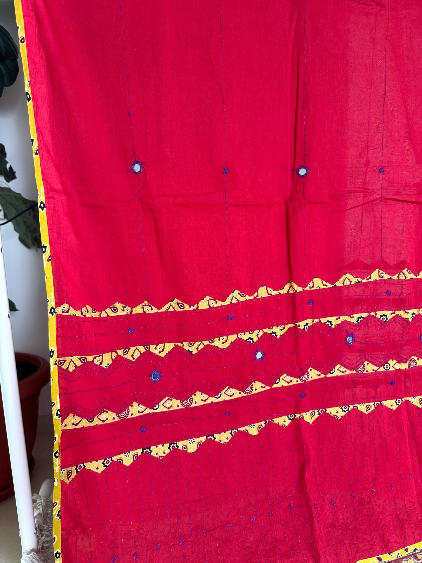 Ajrakh Applique & Kantha Embroidered Dupatta ~ Cherry Red w/ Yellow Work