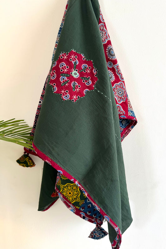 𓂃ོ⋆☀︎𓂃ᨒོ Ajrakh, Applique & Kantha Embroidered Dupatta ~ Olive Green with Ruby Crystals𑁍ࠬ
