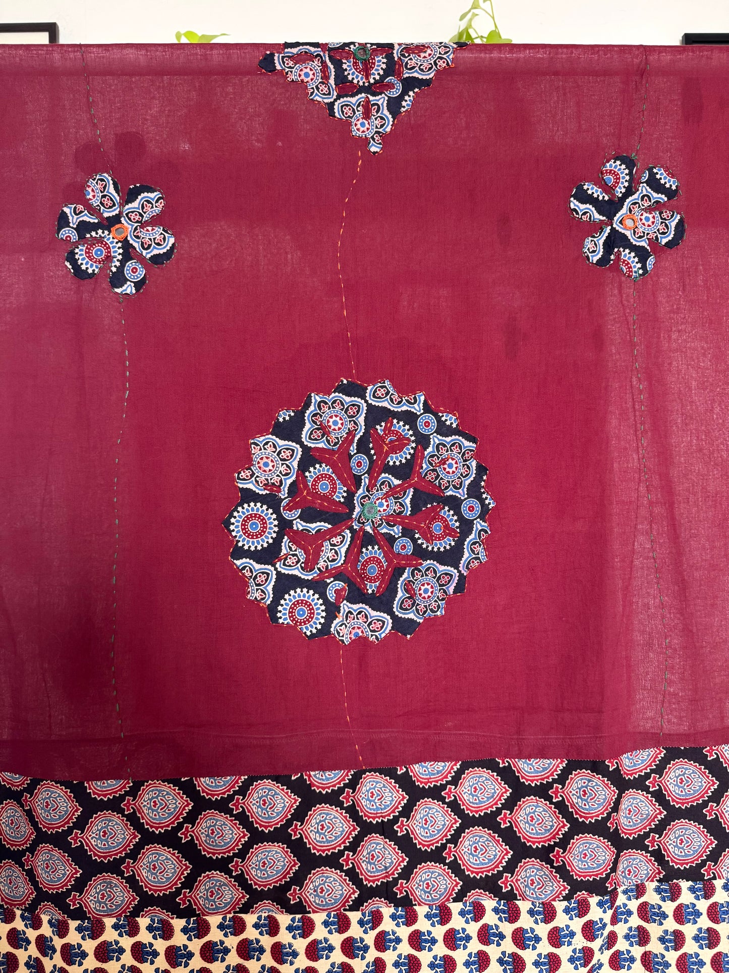 𓂃ོ⋆☀︎𓂃ᨒོ Ajrakh, Applique & Kantha Embroidered Dupatta ~ Burgundy Red w/ Black Flowers 𑁍ࠬ