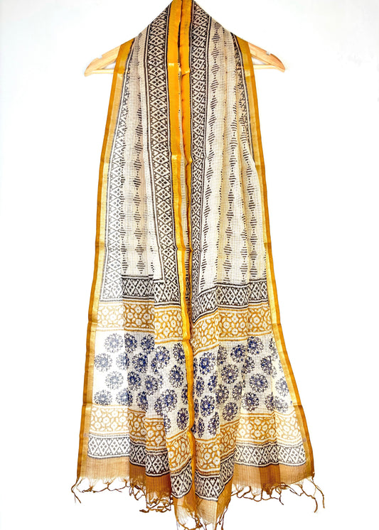 Kota Doria Bagru Handblock Dupatta ~ Beige w/ indigo flowers & zari