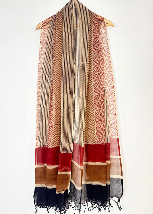 Kota Doria Bagru Handblock Dupatta ~ Beige w/ Red circles