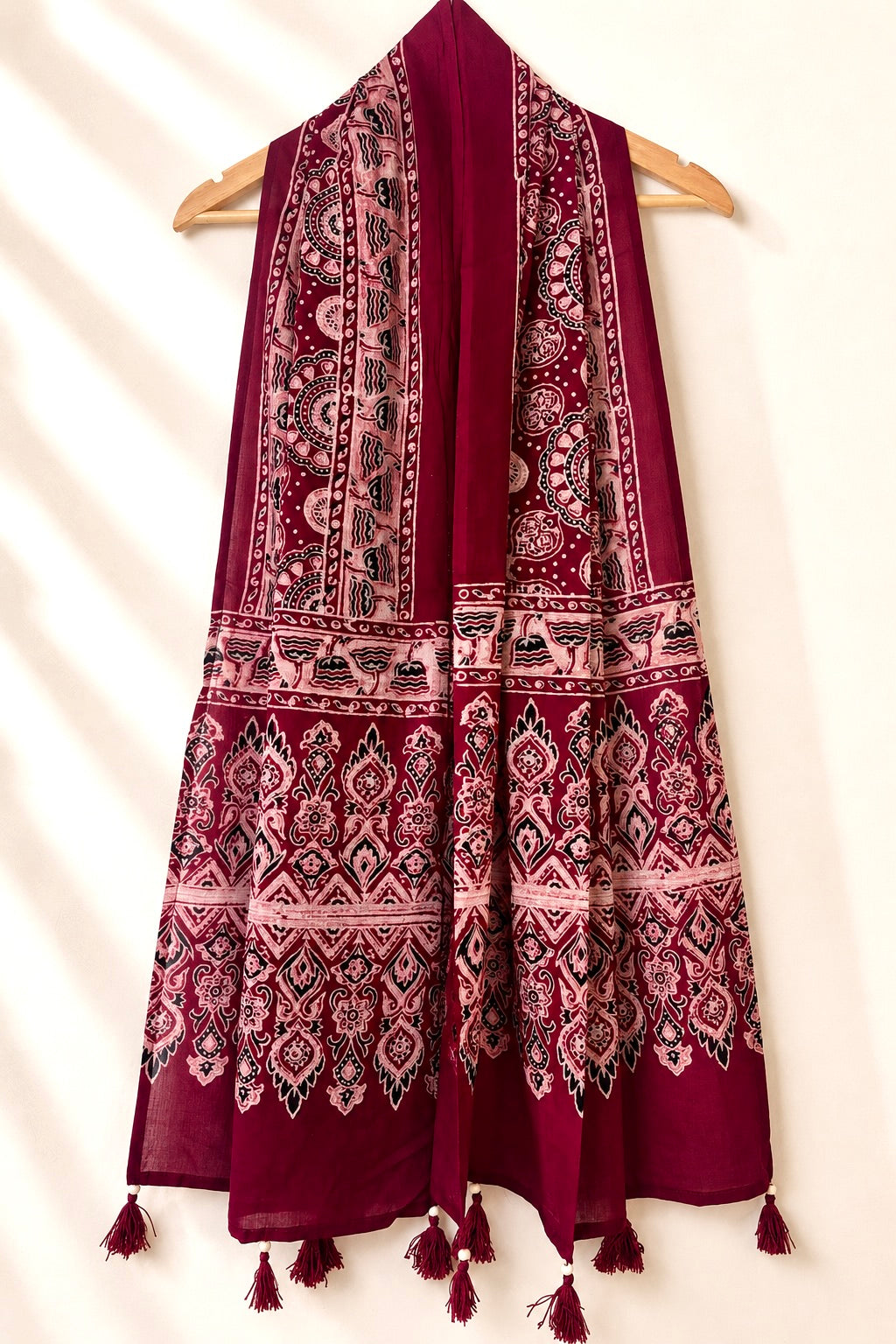 Raahi🌻Ajrakh Cotton Stoles ~ Deep red w/ floral motifs