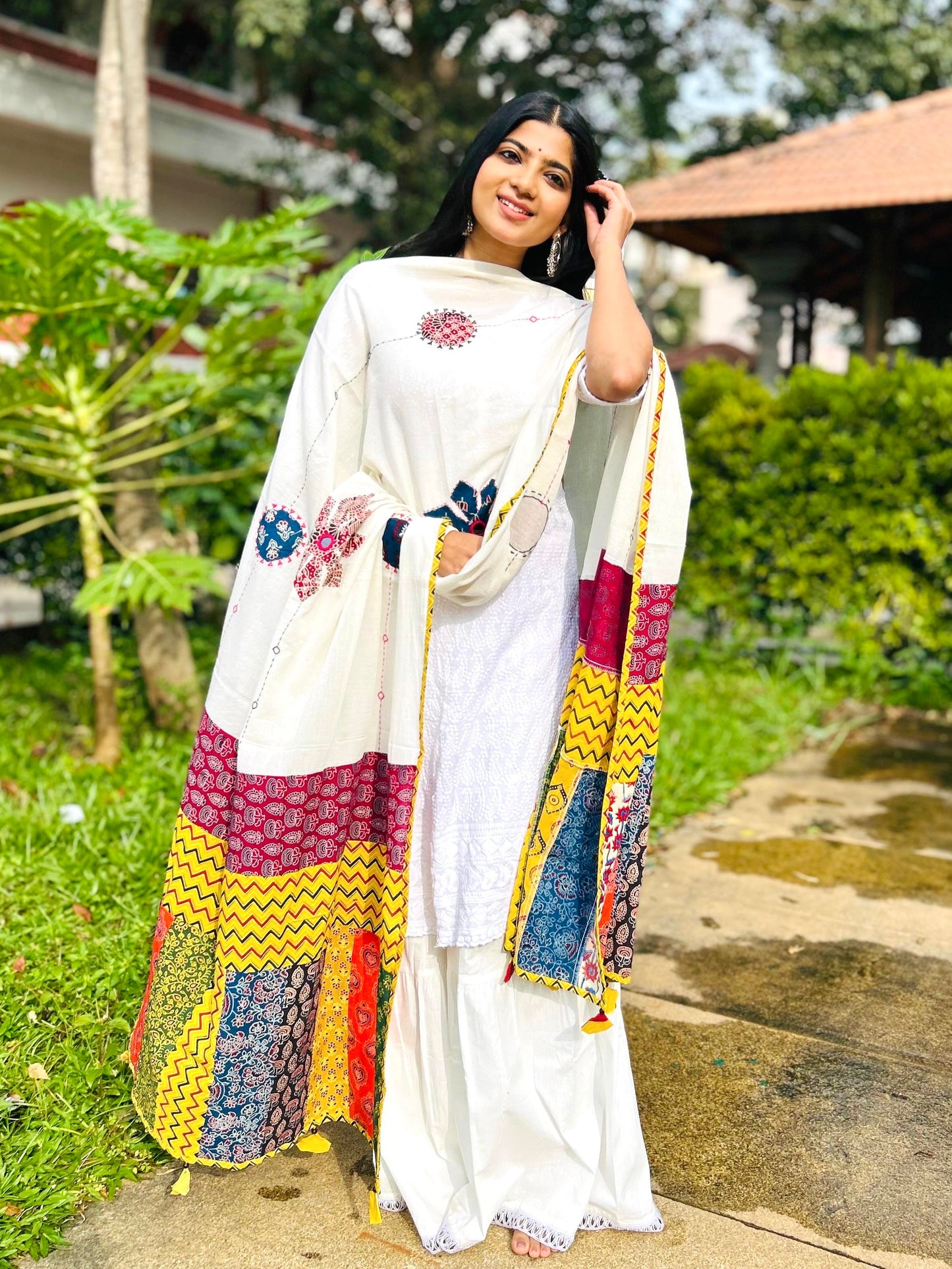 Ajrakh Applique & Kantha Embroidered Dupatta ~ White, Blue & Yellow