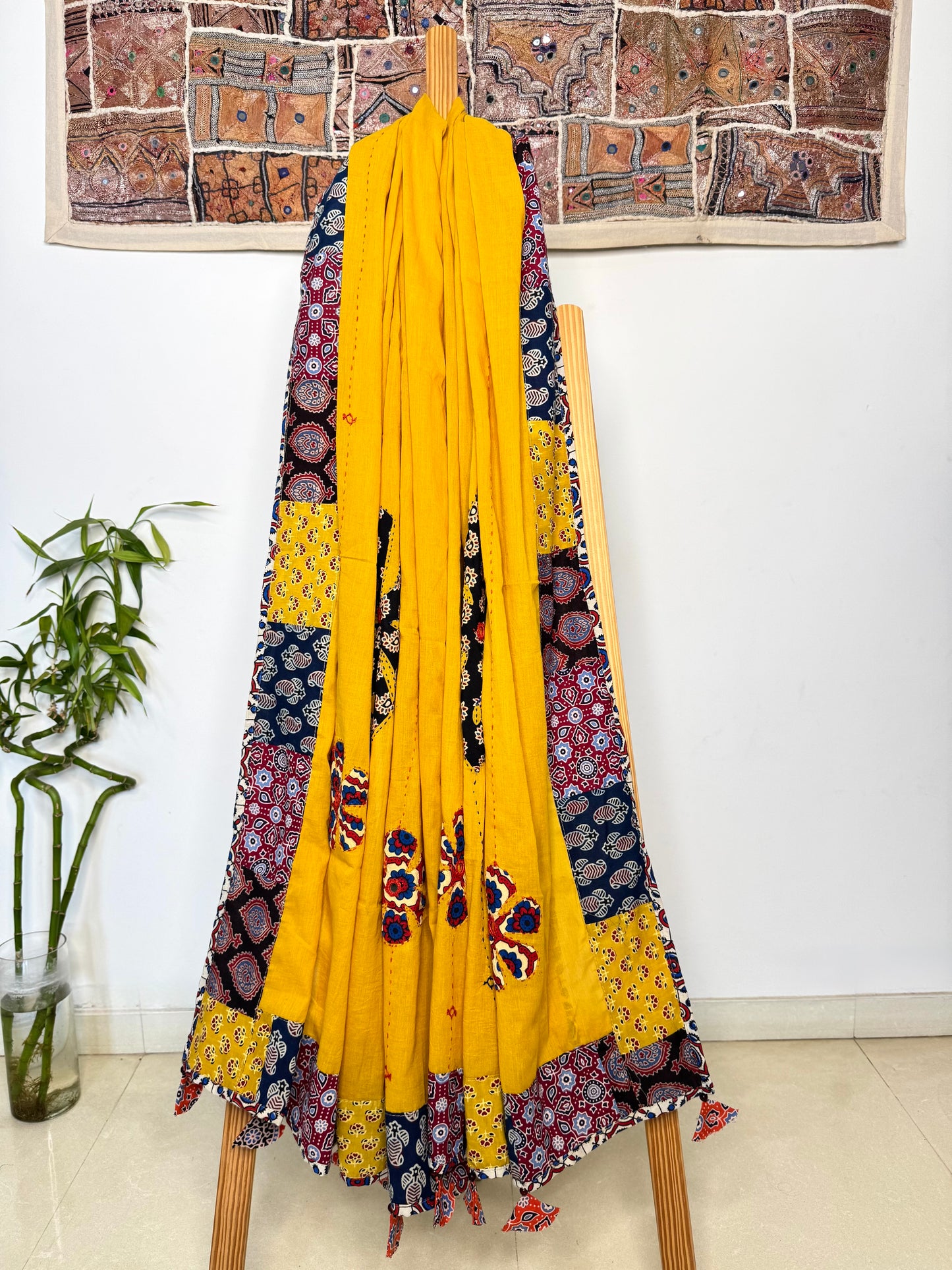 𓂃ོ⋆☀︎𓂃ᨒོ Ajrakh, Applique & Kantha Embroidered Dupatta ~ Amber Yellow 𑁍ࠬ