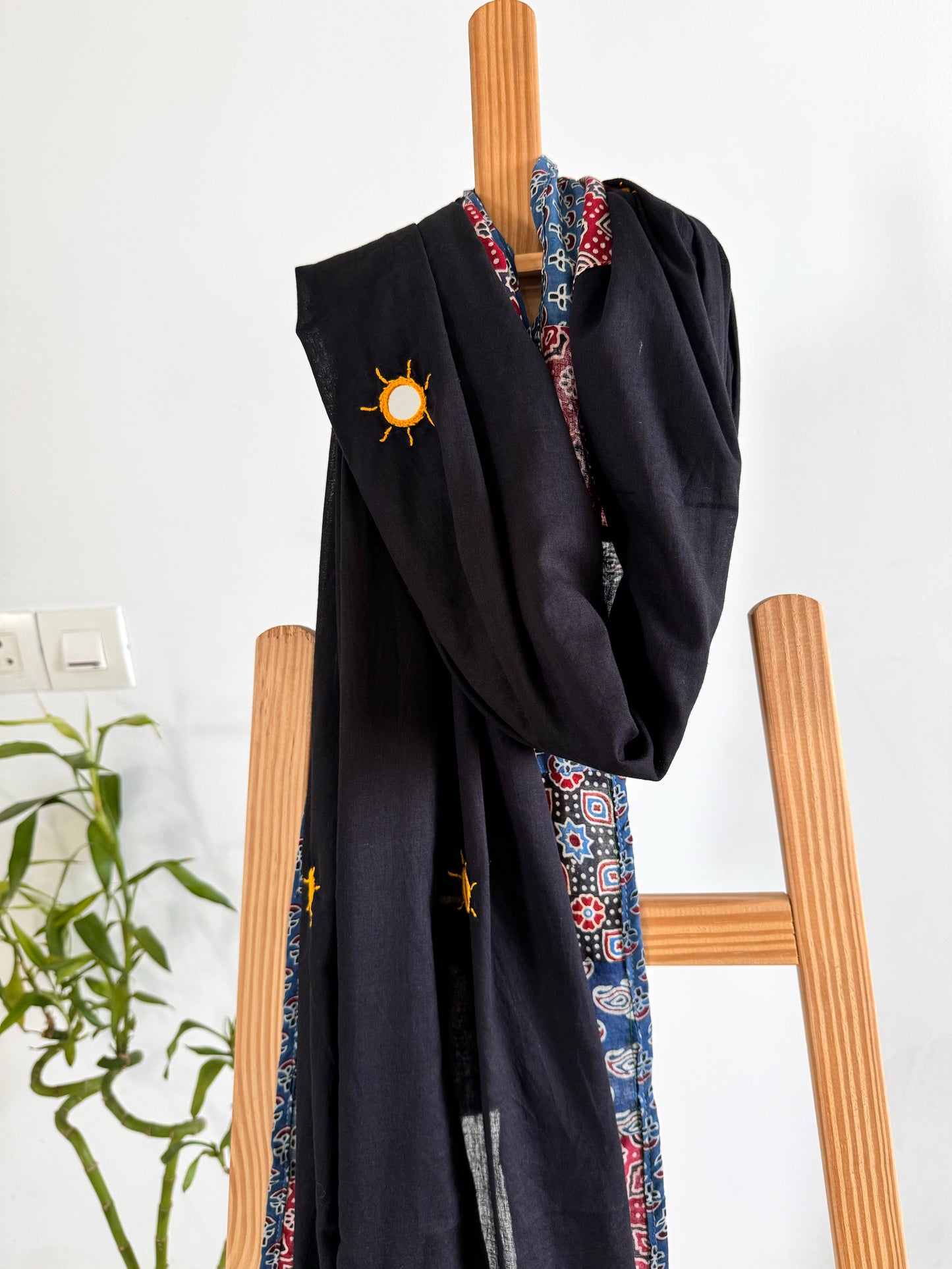 Ajrakh Applique & Kantha Embroidered Dupatta ~ Raven Black & Red