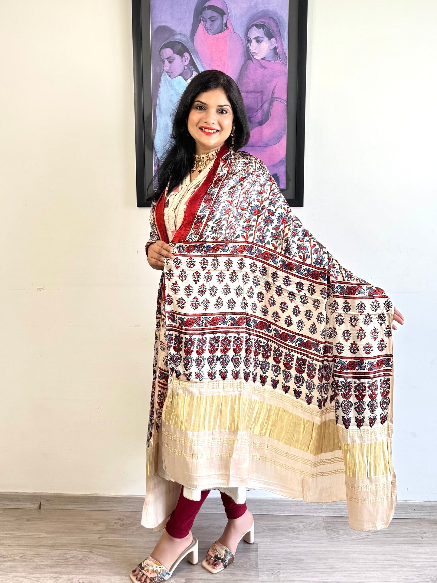 Modal Silk Ajrakh Dupatta ~ Ivory White Flower Motif w/ Zari