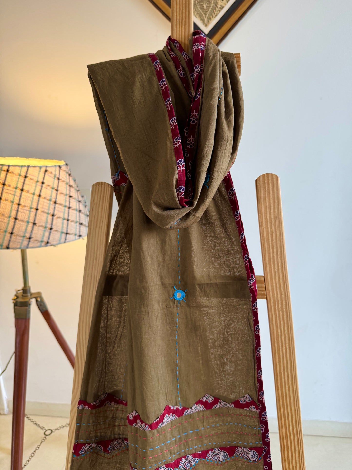 Ajrakh Applique & Kantha Embroidered Dupatta ~ Coco with Red Patchwork