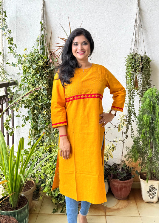 Masakali ~ Cotton Embroidered Kurti, Yellow Ochre🔅