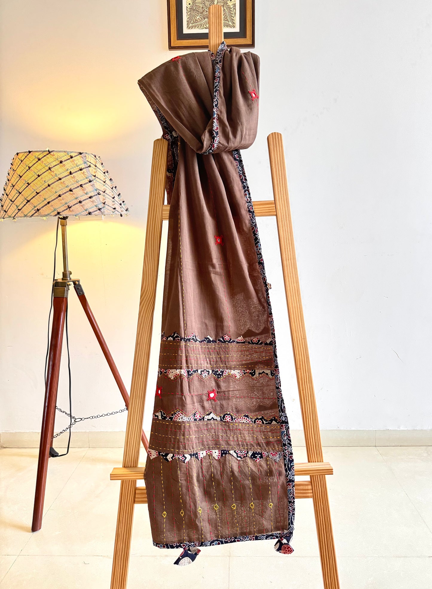 Ajrakh Applique & Kantha Embroidered Dupatta ~ Coffee Brown with Black Patchwork