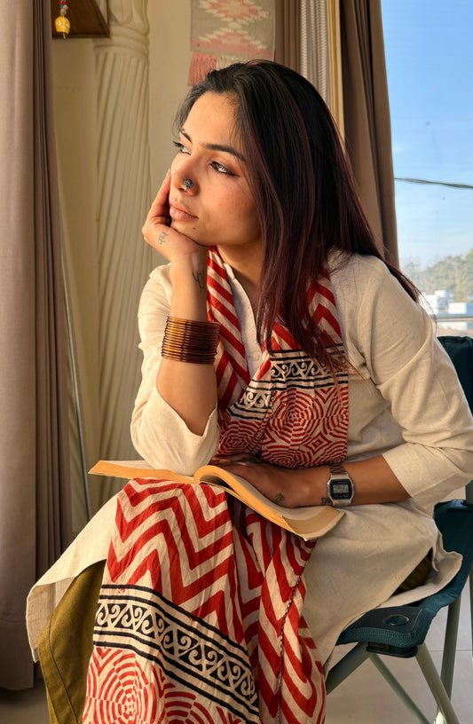 Raag🪷Mulmul Cotton Stoles ~ Zigzag Red