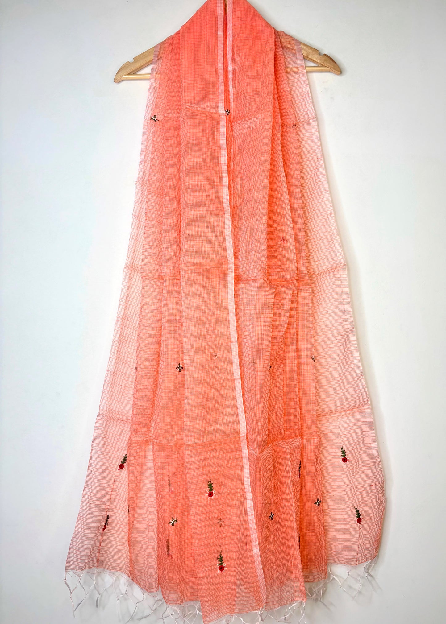 Kota Doria Hand Embroidered Dupatta ~ Peach w/ green flowers