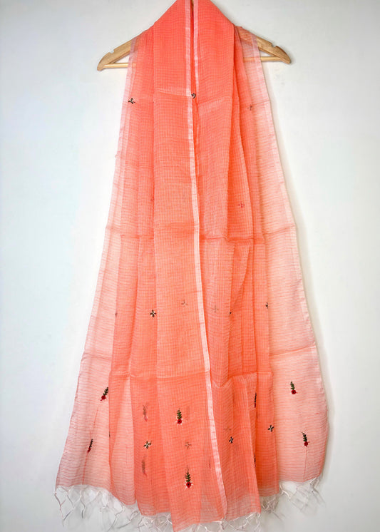 Kota Doria Hand Embroidered Dupatta ~ Peach w/ green flowers