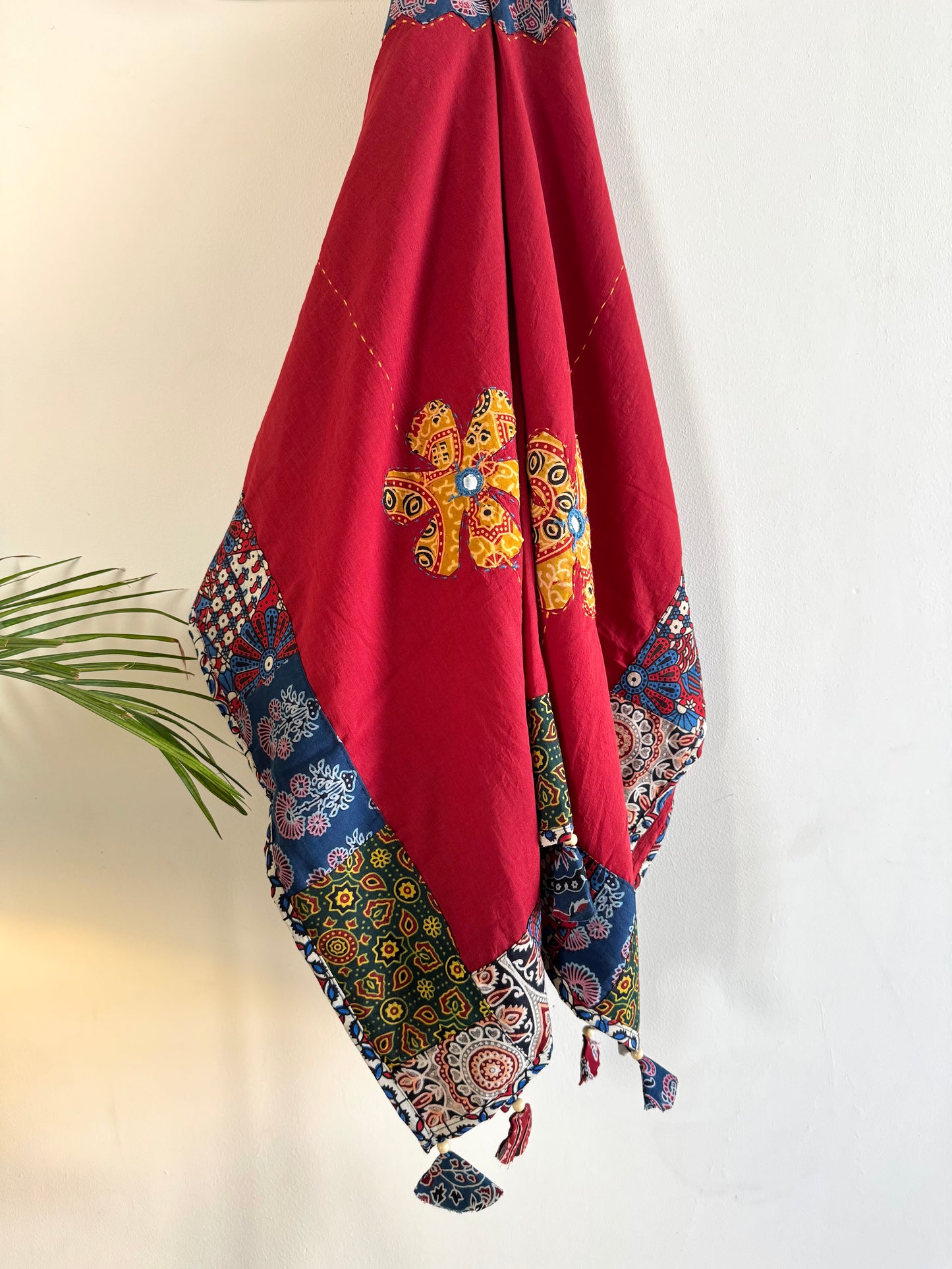 𓂃ོ⋆☀︎𓂃ᨒོ Ajrakh, Applique & Kantha Embroidered Dupatta ~ Ruby Red 𑁍ࠬ