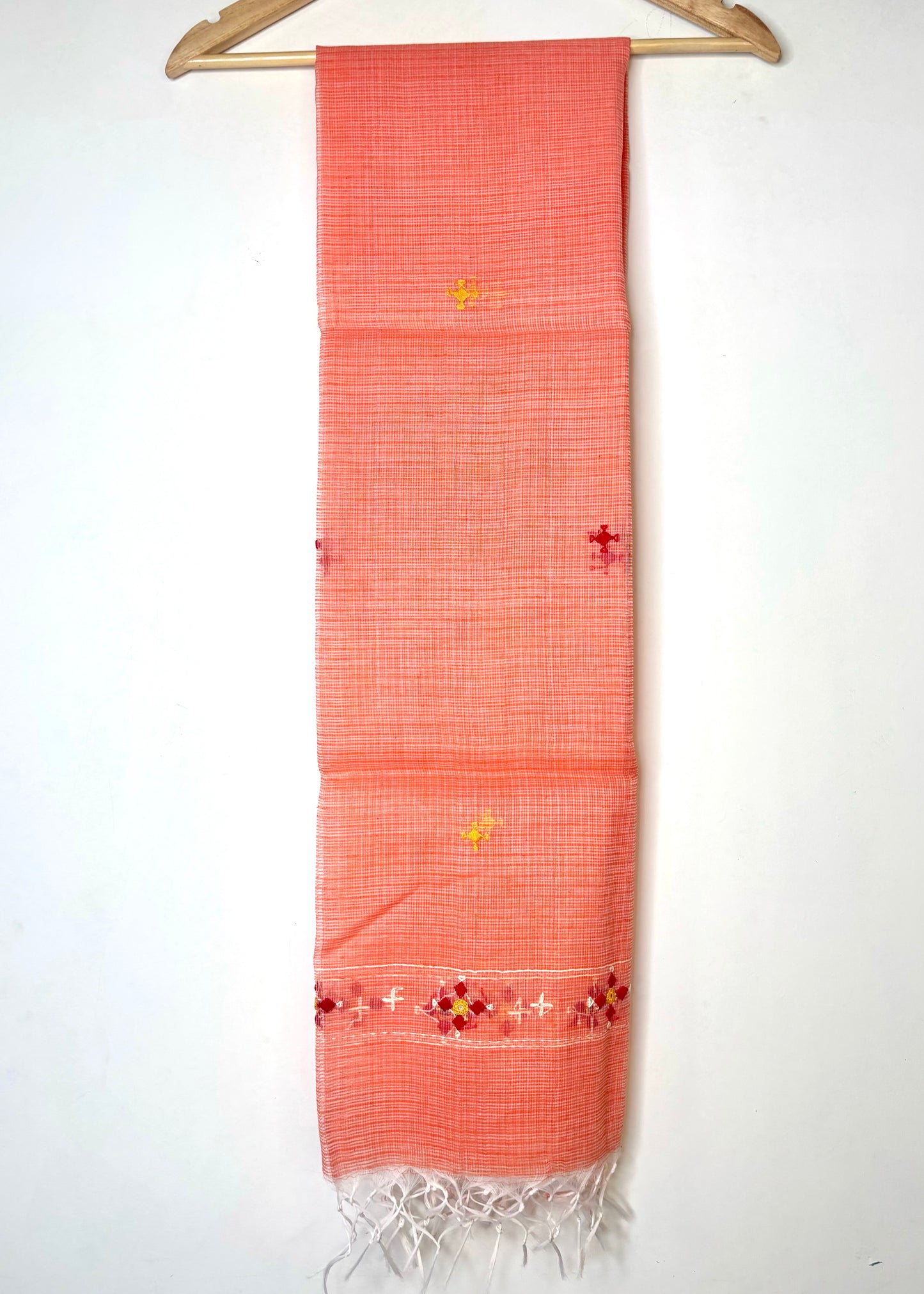 Kota Doria Hand Embroidered Dupatta ~ Peach w/ red flowers