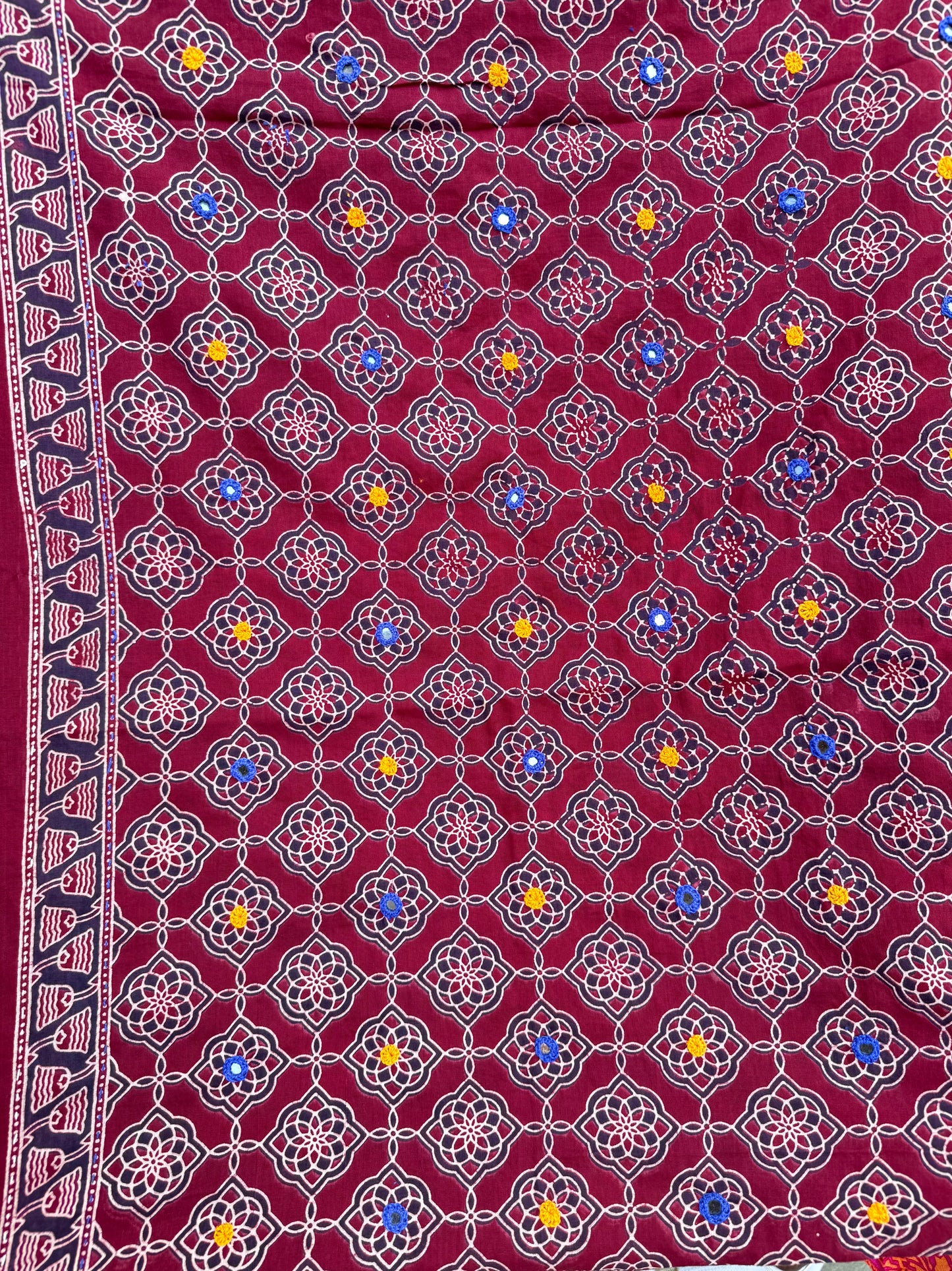 Rangrez🔅Ajrakh Mulmul Cotton Dupattas with Embroidery ~ Cranberry Red
