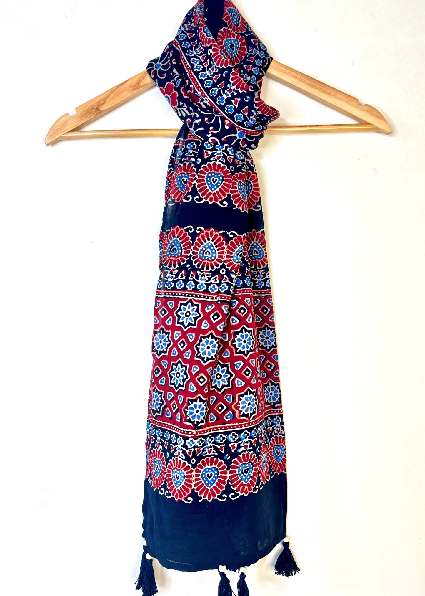 Raahi🌻Ajrakh Cotton Stoles ~ black and metallic blue w/ motifs