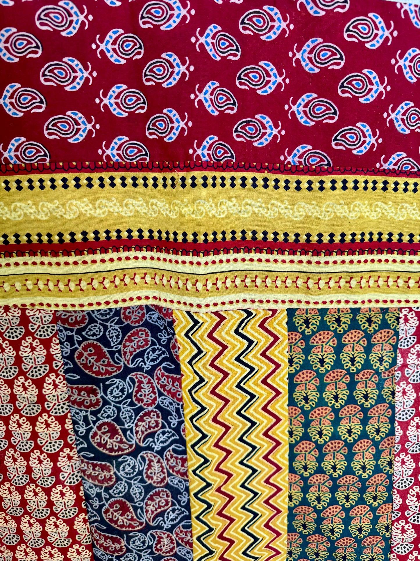 Ajrakh Applique & Kantha Embroidered Dupatta ~ White, Blue & Yellow