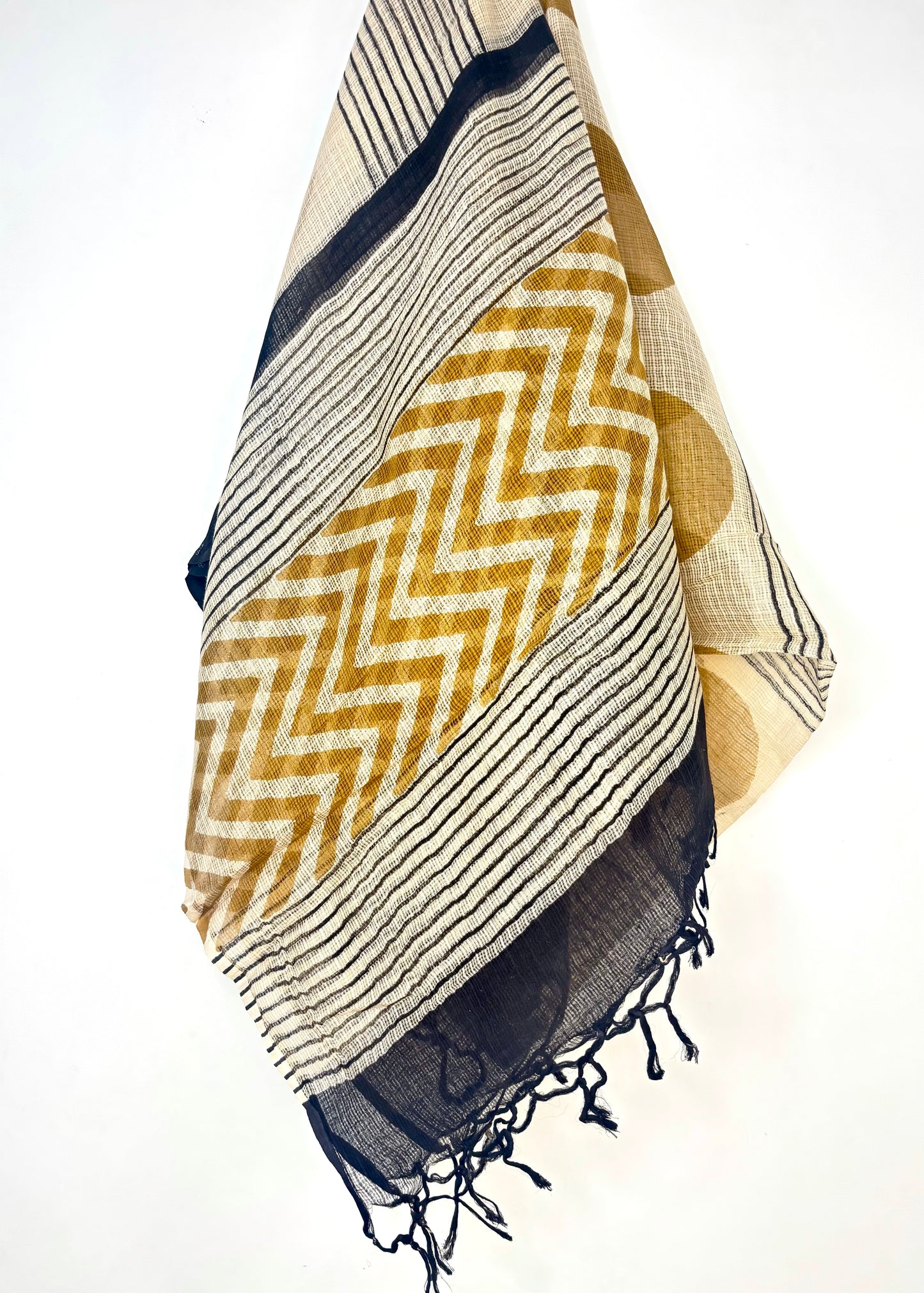 Kota Doria Bagru Handblock Dupatta ~ Black w/ Sand Brown circles