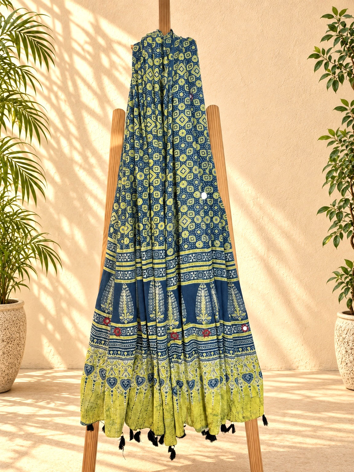 Rangrez🔅Ajrakh Mulmul Cotton Dupattas with Embroidery ~ Teal Blue w/ Grunge Texture