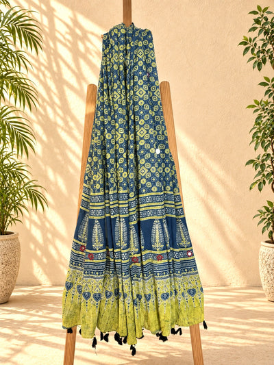 Rangrez🔅Ajrakh Mulmul Cotton Dupattas with Embroidery ~ Teal Blue w/ Grunge Texture