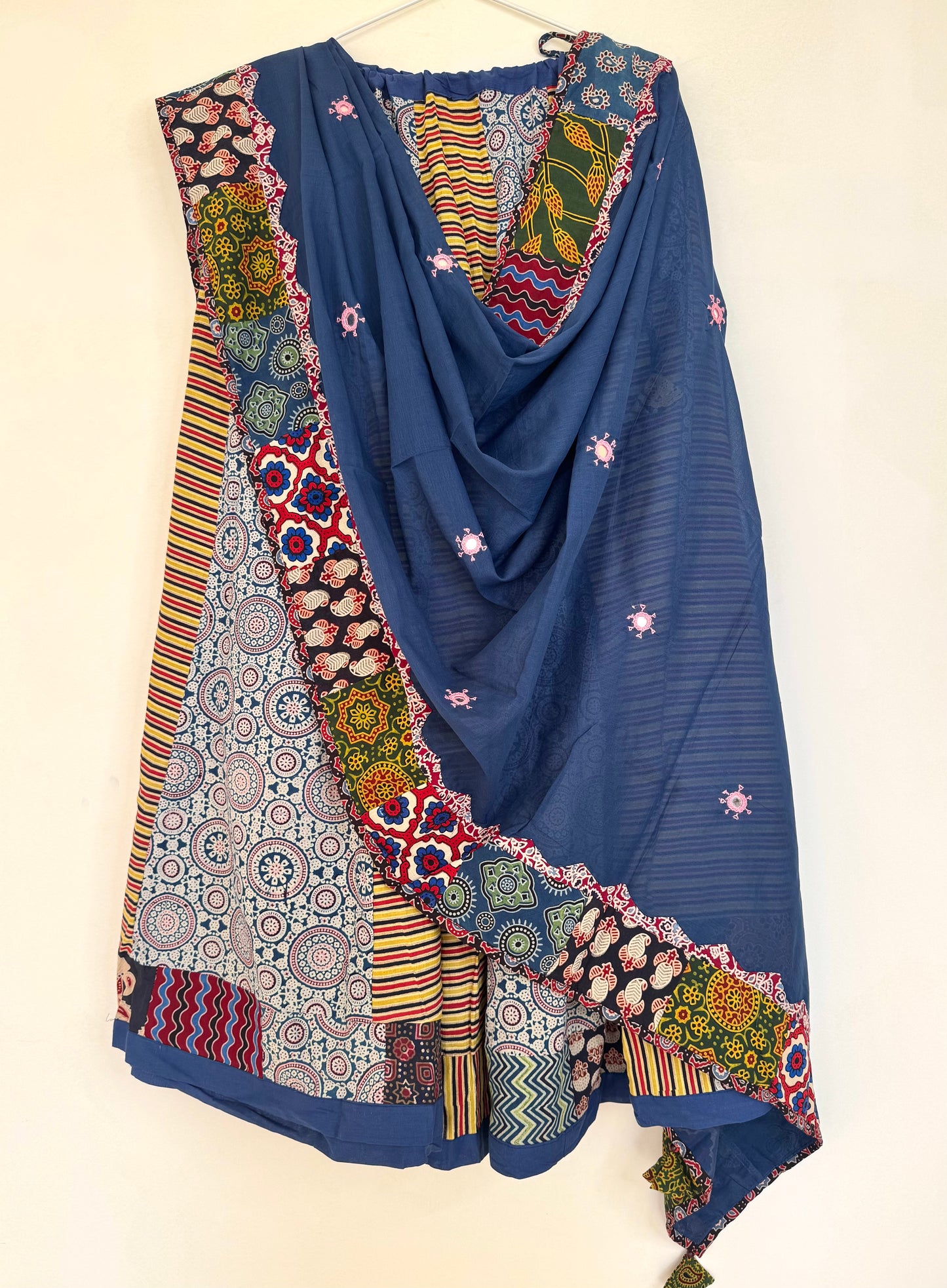 ✨Garba nu Ghoomie ~ Ajrakh Lehenga and Dupatta Set ~ Yellow Strips w/ Navy Blue Dupatta