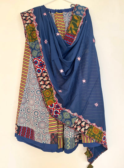 ✨Garba nu Ghoomie ~ Ajrakh Lehenga and Dupatta Set ~ Yellow Strips w/ Navy Blue Dupatta