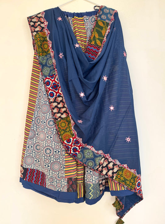 ✨Garba nu Ghoomie ~ Ajrakh Lehenga and Dupatta Set ~ Yellow Strips w/ Navy Blue Dupatta