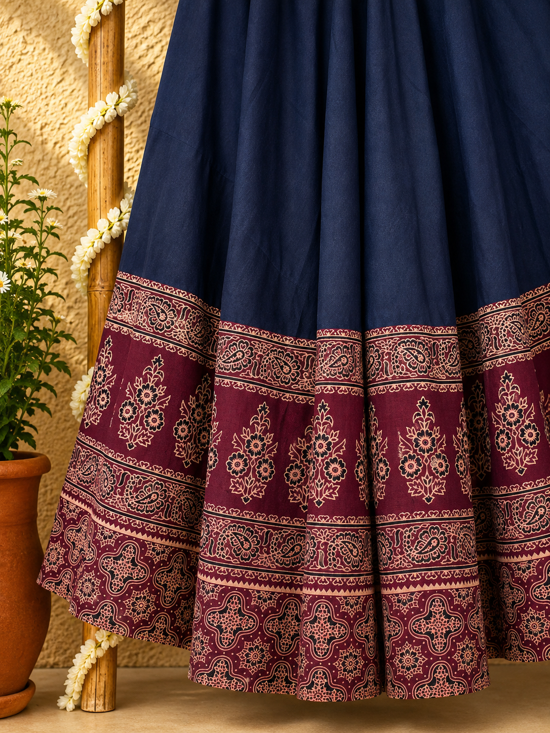⚜ Dharohar ~ Navy Blue & Brick Red Ajrakh Lehenga & Dupatta Set