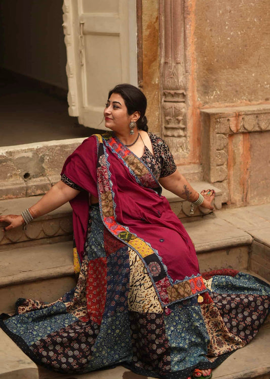 ✨Navrang ~ Ajrakh Skirt and Dupatta Set ~ Deep Red w/ Multicolor