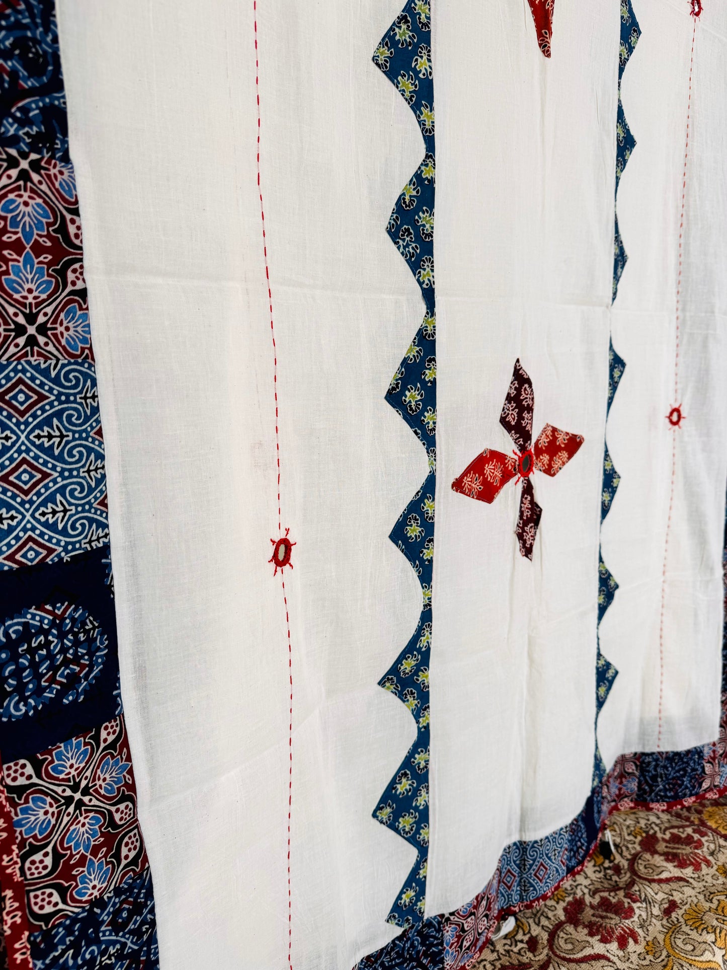 Ajrakh Applique & Kantha Embroidered Dupatta ~ White with Burnt Orange Flowers